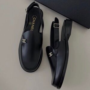 CHANEL Black Leather Slingback Loafers with Silver CC Accent